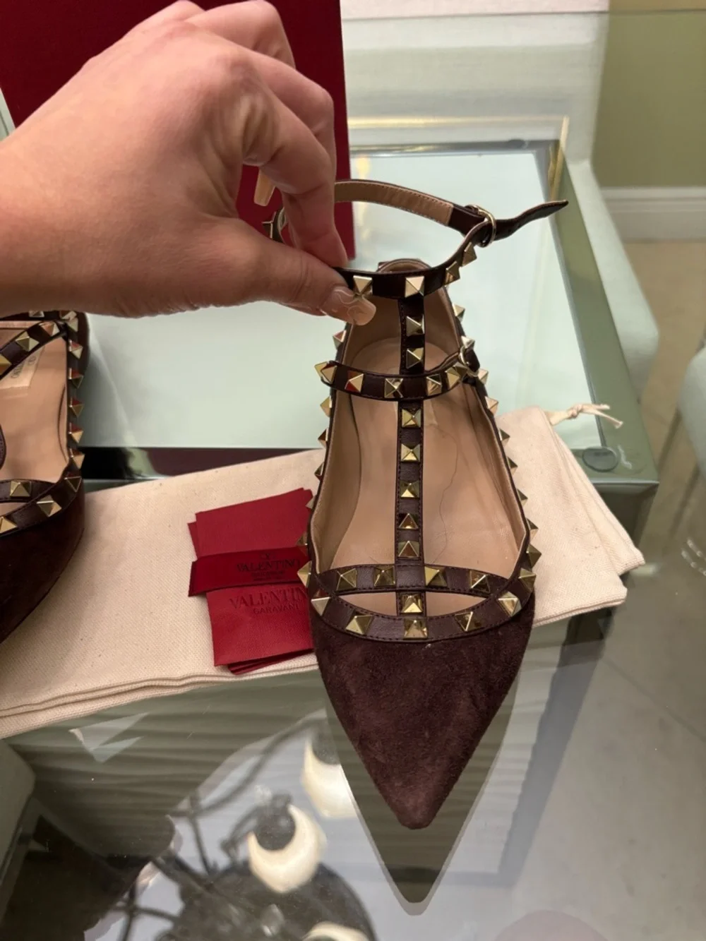 Authentic Valentino Brown Suede Rockstud Caged Pointed-Toe Flats